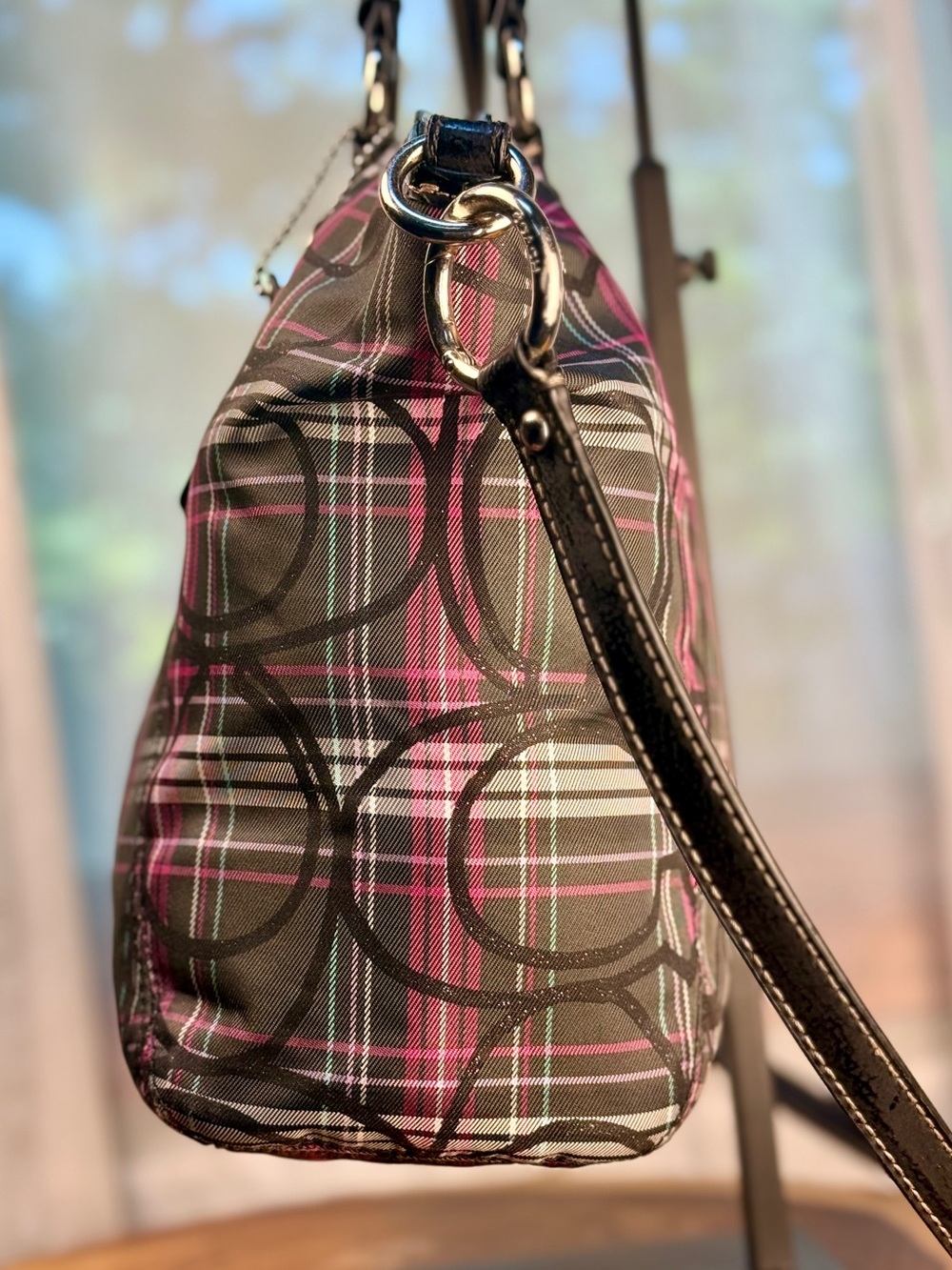 Coach Poppy Glitter Tartan Plaid Satchel Pink Black F18220 EUC - Picture 5 of 13